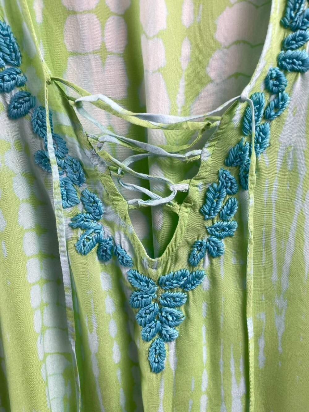 Z&L Tie Dye Beach Swim Coverup Boho Festival V Neck Tunic Embroidered Green OS - Picture 5 of 8